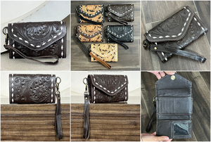 Vintage OEM ODM Wholesale Hand Tooled Cow Leather Wallet Stylish Floral Pattern <b>Wristlet</b> Clutch Credit Card Holder for Women's - Product Image 3