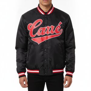 Blouson universitaire personnalisé pour homme en satin noir, style streetwear, brodé avec lettres rouges, blouson bomber universitaire, vente en gros de vêtements d'extérieur - Product Image 2