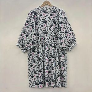 Vestido Midi Informal de Algodón Tejido para Mujer, Mangas Abullonadas, Cintura Imperio, Estilo Babydoll, 100% Algodón, Estampado Floral, Corte Holgado, Cuello en V - Product Image 5