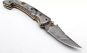 Couteau de chasse artisanal en acier Damas de qualité industrielle, pointe clip, lame droite, bouton de pouce, couteau pliant avec étui en cuir OEM - Product Image 6
