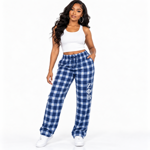 Pantalones de Pijama de Franela Zeta Phi Beta para Mujer, Azul Rey a Cuadros Blancos, con Letras Griegas Bordadas, con Cordón Ajustable, para Descansar, Sorority - Product Image 1