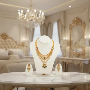 22k Gold Layered <b>Necklace</b> <b>Set</b> with Red White Stones Green Beads and <b>Pearl</b> Drops Bridal Wedding Jewelry - Product Image 1