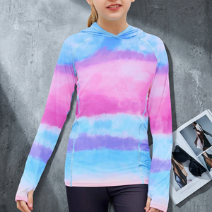 Girls Hooded Long Sleeve Tie Dye Sun Protection <b>Shirt</b> UPF50+ Gradient <b>Color</b> 100% Polyester Anti-Uv Pullover Top - Product Image 3