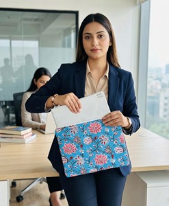 Handmade Quilted Cotton Laptop Sleeve Bag Boho Vintage Style Travel Case Zipper Closure Various Block Printed Designs Available - Product Image 1