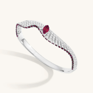 Classic Rhodium Plated Cuff <b>Bracelet</b> With <b>Ruby</b> And Diamond Accents For Women Wedding Jewelry - Product Image 2