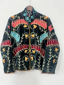 <b>Women</b>’s Traditional Suzani Embroidered <b>Velvet</b> <b>Jacket</b> Multicolor Floral Pattern With Stand Collar Long Sleeves Boho Winter Coat - Product Image 1