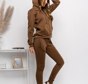 Women's <b>Brown</b> Solid Color Tracksuit Full Sleeve Hooded Zipper Casual <b>Jogger</b> Pants Set Breathable 100% Cotton Autumn Wear - Product Image 4