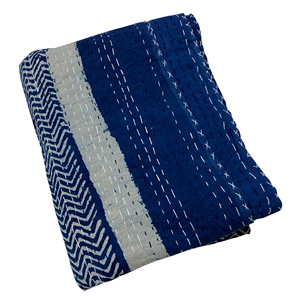 Indigo Blue Geometric Pattern Cotton Kantha <b>Quilt</b> Hand Stitched Traditional Indian Home Decor <b>Bedspread</b> All-Season - Product Image 2