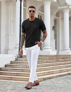 Chemises polo en tricot pour hommes, manches courtes, polo texturé, coupe ajustée, t-shirt à col d'été avec poche - Product Image 4