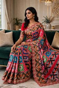 Sari en soie tissée Dola Banarasi de créateur, imprimé numérique Patola, bordure brodée de sequins, avec blouse Banglori, tenue ethnique indienne - Product Image 3