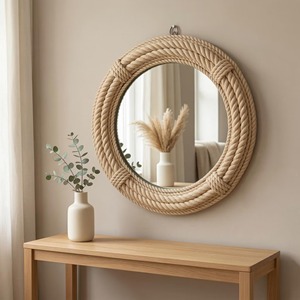 Miroir mural en rotin, cadre naturel simple, parfait pour la décoration de bureau ou de studio, pour une ambiance minimaliste et calme, provenant d'Inde. - Product Image 6