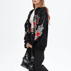 PUFFIN SPORTS OEM Women's Hooded <b>Zipper</b> Sweatshirt Black Spider Web Print Casual Autumn Wear 100% Polyester Knitted Full Sleeve - Product Image 4