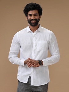 Chemise décontractée d'été pour homme en lin 100 % écologique, tissée, à manches longues, col rabattu, blanche, fermeture à bouton unique, teinte unie - Product Image 4
