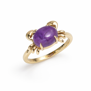 Anillo de cangrejo de latón para mujer Moku Jewellery con cabujón de amatista y engaste de garras, ajustable, inspirado en el océano, glamuroso, anillo de piedra de nacimiento de febrero - Product Image 1