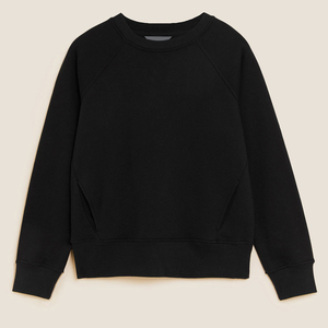 เสื้อสเวตเชิ้ตคอกลมสีดำสำหรับผู้หญิง ผ้าฝ้ายถัก 100% แขนยาว สีพื้น ระบายอากาศได้ดี สไตล์ลำลองสำหรับฤดูใบไม้ร่วง - Product Image 6