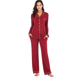 Ensemble de pyjama en jersey pour femmes, 100% coton, basique, hiver, uni, OEM, taille élastique, doux, respirant, manches longues, confortable - Product Image 3