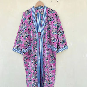 Bata Kimono con Estampado de Dibujos Animados para Mujer, 100% Algodón Tejido, Suave y Transpirable, Camisón de Verano Hecho a Mano, Cuello en V, Cintura Elástica, ODM - Product Image 1