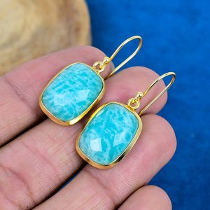 Natural Blue Amazonite Cushion Shape Gemstone Dangle Hook Earring 18k Gold Micron Over 925 <b>Sterling</b> <b>Silver</b> - Product Image 3
