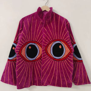 Veste d'hiver pour femme en velours brodée à la main avec motif œil turc, réversible, respirante, écologique, à manches courtes, idéale comme cadeau - Product Image 1