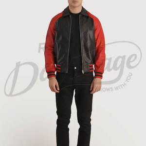 Chaqueta Bomber de Cuero Genuino Bicolor Negro y Rojo para Hombre con Cuello Camisero Clásico y Puños Acanalados a Rayas - Product Image 6