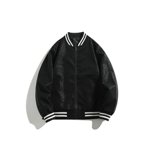 Blouson universitaire homme en laine de haute qualité avec manches en cuir, logo frontal, séchage rapide, brodé, col montant, style urbain, teint uni, pour l'hiver - Product Image 5