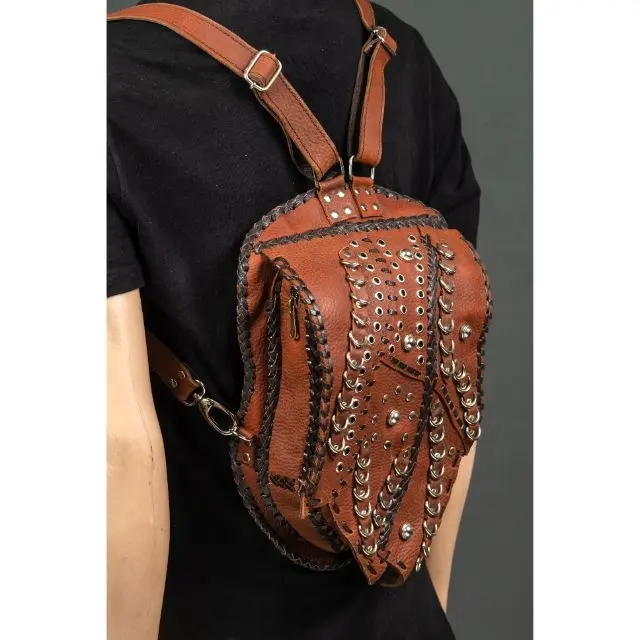 LW Wholesale Head Backpack Studded Rivet Waterproof Soft Leather Backpack Embossed Outdoor Travel Backpack
