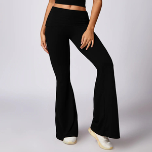 High Waist <b>Flared</b> Leg <b>Yoga</b> <b>Leggings</b> Full Length Solid Black Seamless Four-Way Stretch Women's Workout Pants - Product Image 2