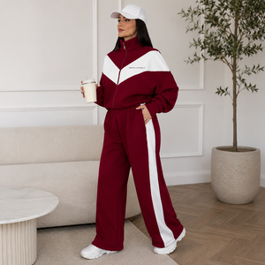 <b>Women's</b> Maroon <b>White</b> Color Block Printed 2-in-1 Tracksuit Set Full Sleeve Turtleneck Zipper Sporty Loose Fit <b>Joggers</b> Front Side - Product Image 6