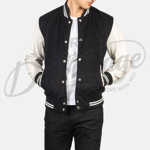 Blouson bomber varsity en laine noire pour homme avec manches en cuir véritable, poignets côtelés rayés, style classique Letterman, vêtement d'extérieur de style baseball - Product Image 6