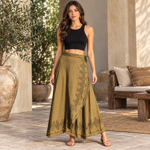 Bohemian <b>Wrap</b> Maxi <b>Skirt</b> for Women with Ethnic Geometric Print |Tie Waist Flowy Long <b>Skirt</b> with Fringe Hem for Casual <b>Beach</b> Wear - Product Image 3