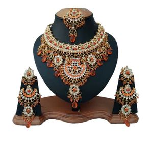 Antique Style Vintage Quartz Imitation Pearl Alloy Orange Jewelry Set Necklace Earrings Headpiece Gold Engagement Wedding Party - Product Image 3