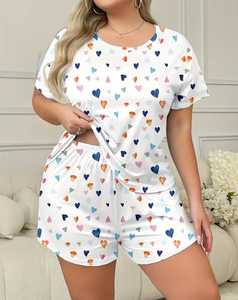 Women 2 Piece Set Heart Print Short Sleeve Top With Shorts Casual Loose Fit Spring Summer Wear - Product Image 2