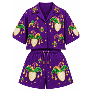 Conjunto de 2 Piezas para Mujer, Color Morado, con Bordado de Lentejuelas Personalizado, Detalle de Nudo Frontal, Cuello Camisero, para Primavera/Verano - Product Image 4