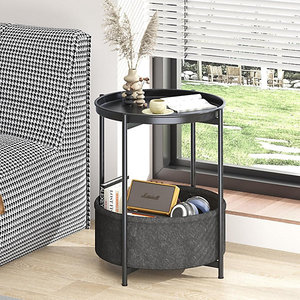 Functional Two Tier Metal <b>Table</b> Small <b>Side</b> <b>Table</b> with <b>Storage</b> Basket Black Round End <b>Table</b> for Decor and Coffee - Product Image 1
