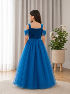 Vestido Largo de Tul con Bordado Floral de Gasa para Niñas, Estilo Princesa, Cuello Cuadrado, para Fiestas Formales, Color Azul Verano - Product Image 2