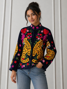 Embroidered <b>Quilted</b> 100% Cotton Short Bomber Jacket Tiger Floral Letter Patterns Full Sleeve Mandarin Collar Women's - Product Image 2