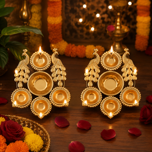 Handcrafted Brass Peacock Diya Urli <b>Tea</b> <b>Light</b> <b>Holder</b> with Lid Christmas Center Bowl Decorative Pooja Diwali Traditional Festival - Product Image 1