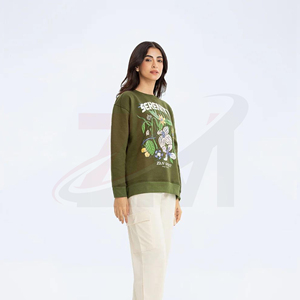 Sweat-shirt à col rond imprimé floral vert olive pour femmes, vêtements décontractés d'automne, 100% coton tricoté, pull à manches longues - Product Image 3