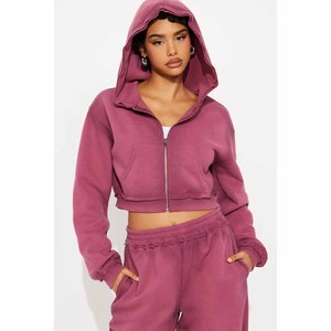 Ensemble de survêtement unisexe délavé en coton 100% de haute qualité, comprenant un sweat à capuche court zippé et un pantalon de survêtement délavé à l'acide, 500g, pour femme - Product Image 3