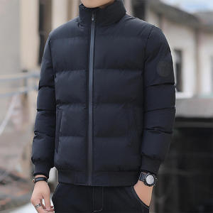 Men's Winter Puffer Jacket Stand Collar Zipper Closure Solid Color Thick Polyester Wadding Casual Style Patch Design Left Sleeve - Product Image 2