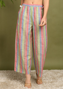 Pantalon palazzo en coton Khadi rayé multicolore, taille élastique, coupe ample, pantalon décontracté pour femmes, tissé à la main - Product Image 4