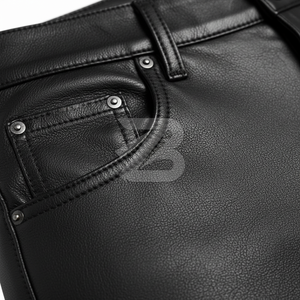 Pantalon slim noir en cuir PU et toile pour homme, 5 poches, cordon de serrage, fermeture éclair, écologique, imperméable, style streetwear, pantalon de motard - Product Image 4