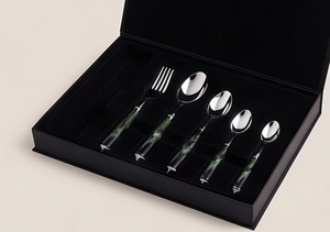 Juego de cubiertos moderno con mangos de mármol verde, cubiertos de acero inoxidable aptos para lavavajillas, para uso en bodas. - Product Image 6