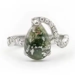 10k Gold Moss Agate and Diamond Ring, Ideal for Elegant and Nature-Inspired Wear