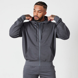 Sweat-shirt à capuche zippé pour homme, coupe classique, gris uni, en molleton français, décontracté, pour l'automne - Product Image 3