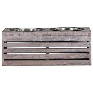 ลังไม้แบบเผาอาหารสุนัขสองชั้นชามป้อนอาหารสัตว์เลี้ยงทำจากเหล็กชามไม้สำหรับสุนัขและแมว - Product Image 2