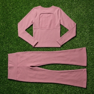 Women Dusty Pink Keyhole Crop Top High Waist <b>Flare</b> <b>Leggings</b> Yoga Set Gym Fitness Workout Activewear Set - Product Image 5
