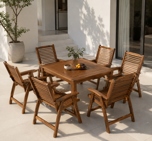 Ensemble de table à manger d'extérieur en teck moderne avec table carrée à lattes et 6 fauteuils pour patio, jardin, villa, hôtel - Product Image 4