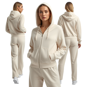 Women Premium Breathable Lightweight Loose Fit Hooded <b>Zip</b> Hoodie Wide Leg Sweatpants Tracksuit Set Elastic Waistband Solid - Product Image 3