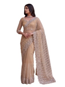 Sari élégant beige en résille avec broderie de perles, séchage rapide, pour mariage et soirée, style Bollywood, coupe classique, longueur ras du sol - Product Image 3
